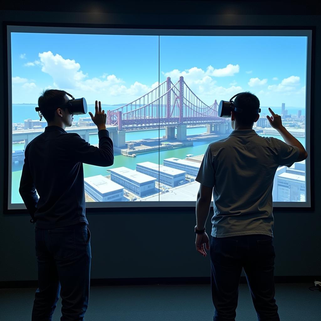 Engineers utilizing VR technology to visualize a complex structural design