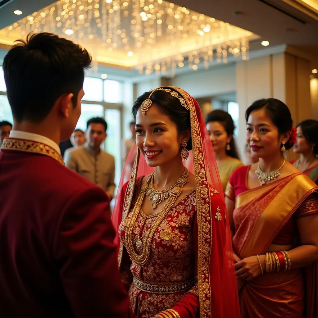 Southeast Asian wedding ceremony with the bride and groom