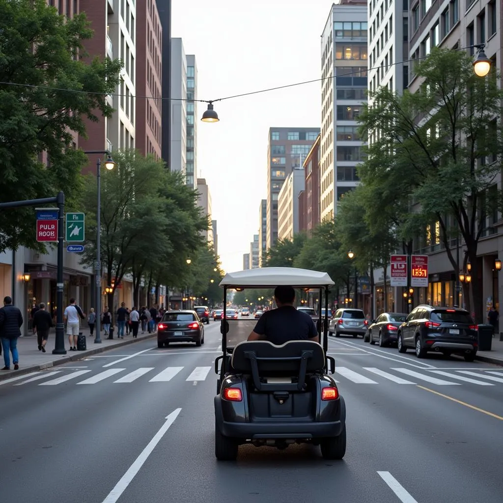 Golf cart navigating through a bustling city center in Florida