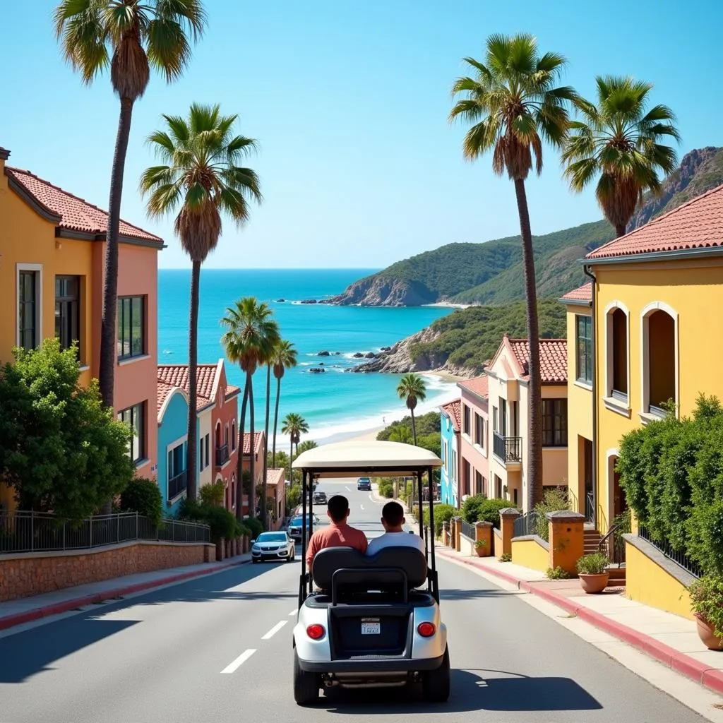 Golf cart driving in a charming coastal town in Florida