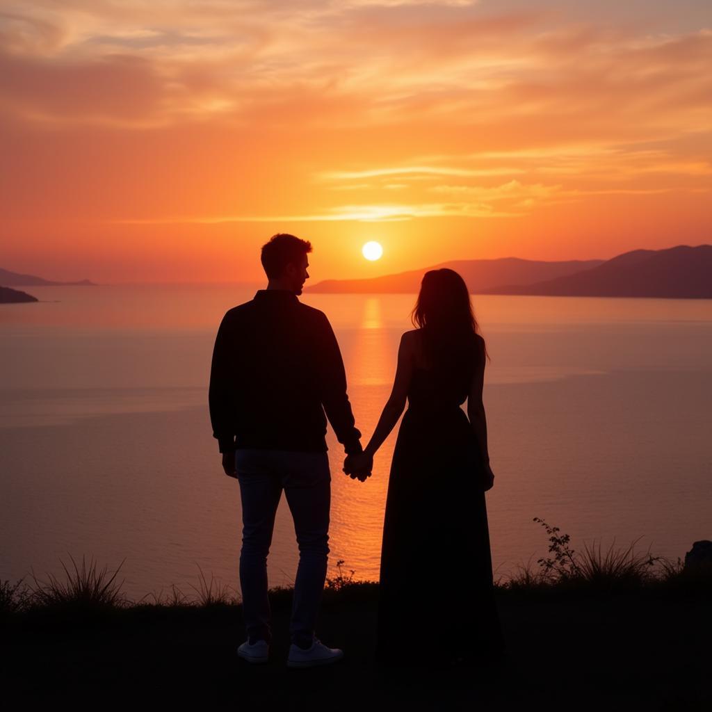 Couple watching sunset on a Greek island