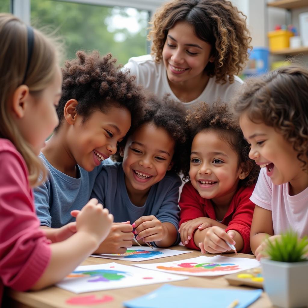 Group of children participating in an activity with a social educational support worker