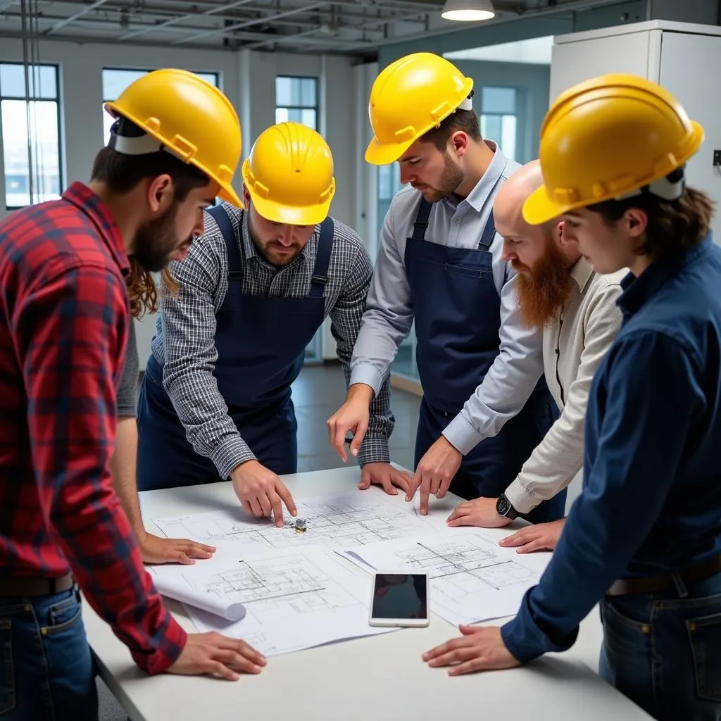 Group of Electricians Studying Electrical Diagrams