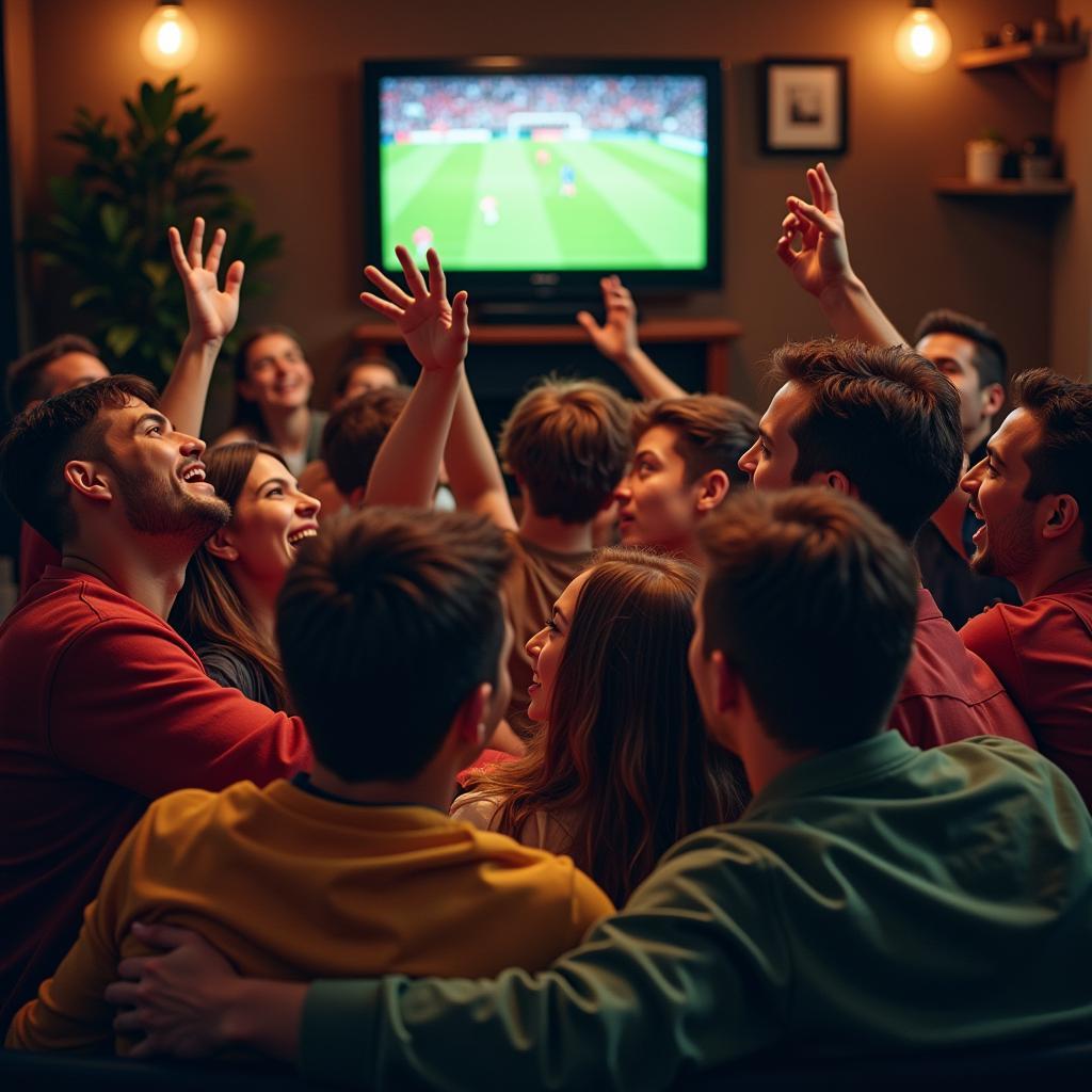 Group of friends gathered, watching a football match on television, cheering and celebrating