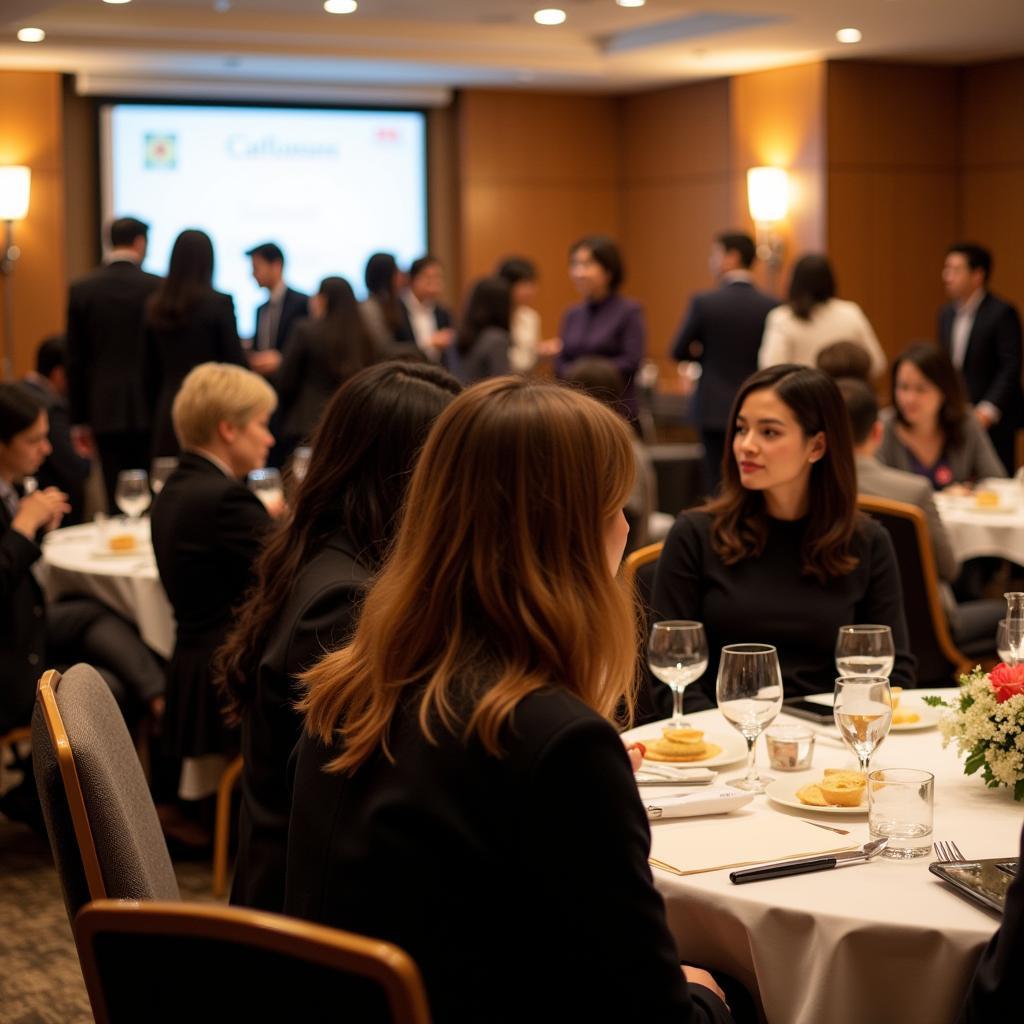 A diverse group of Japanese women engaged in conversation and exchanging business cards at a networking event