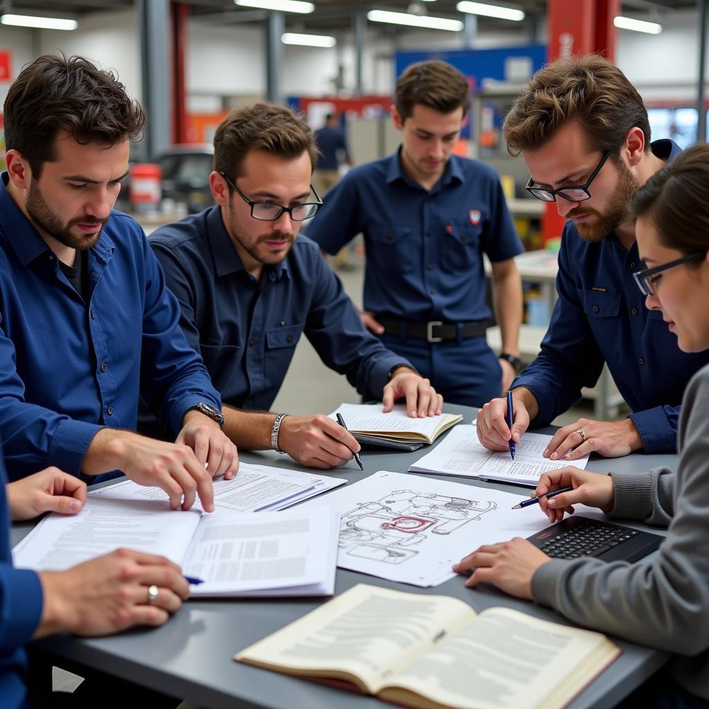 Group of mechanics studying together for their ASE certification exam