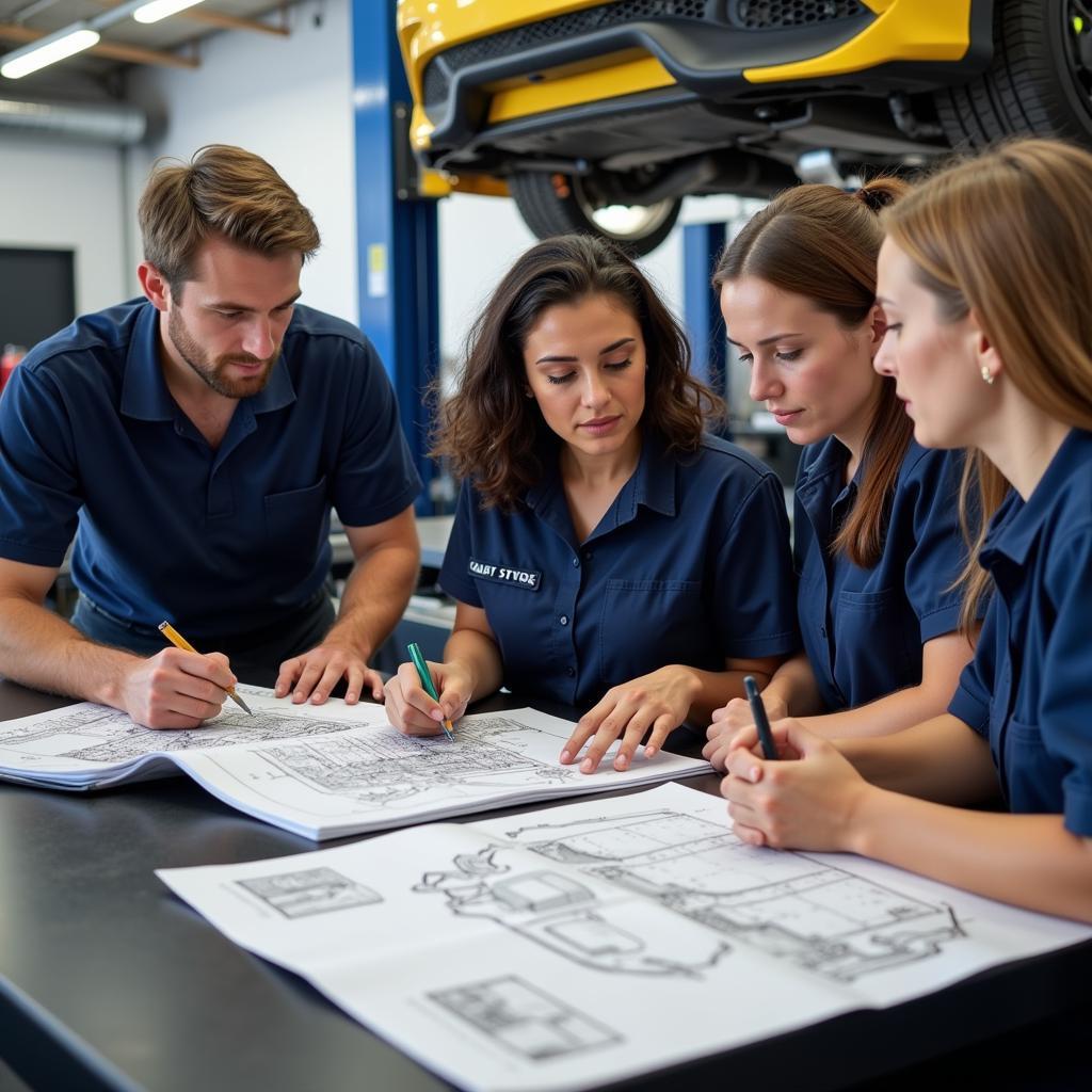 Group of mechanics studying for the ASE exam