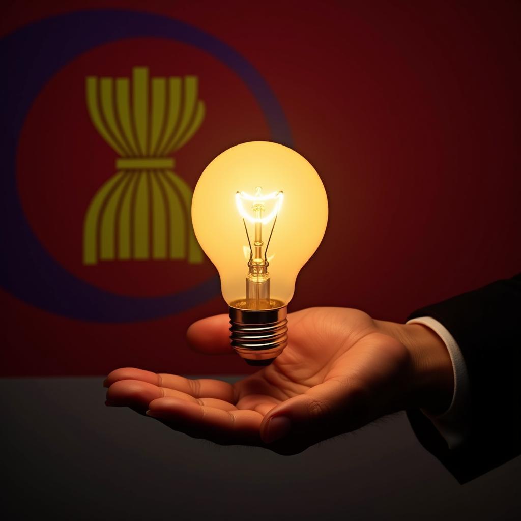 Hand holding lightbulb with ASEAN flag in background