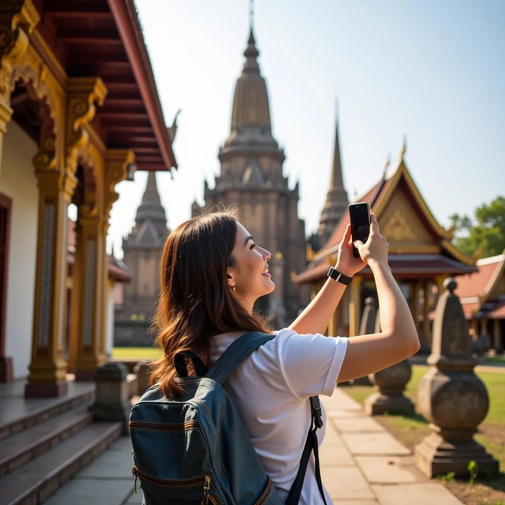 A Traveler Taking a Photo at an Ancient Temple in Southeast Asia