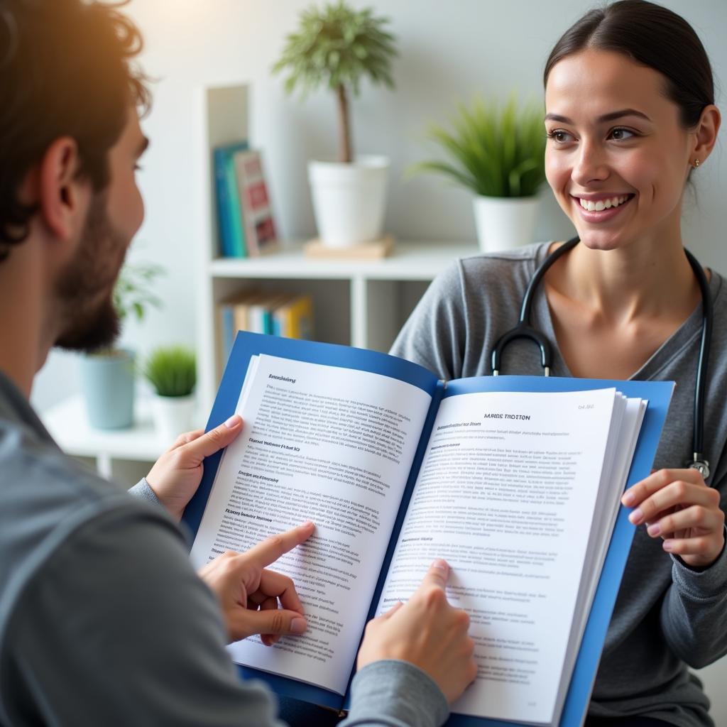 A healthcare professional explaining a formulary document to a patient