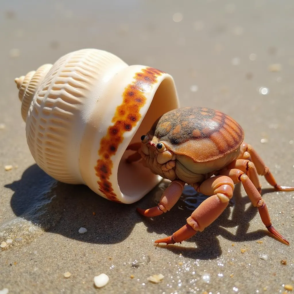 Hermit crab switching to a new shell on a sandy beach