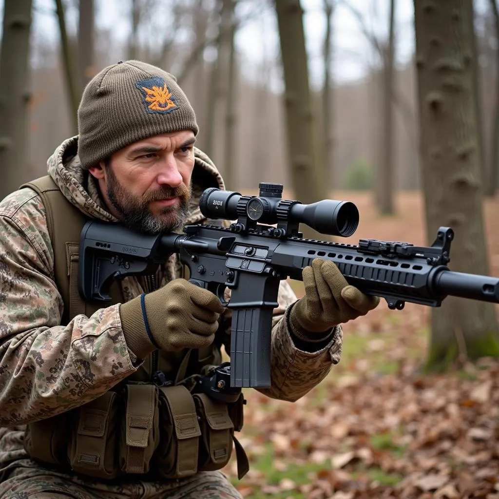 Hunter with a 300 Blackout rifle in a forest setting