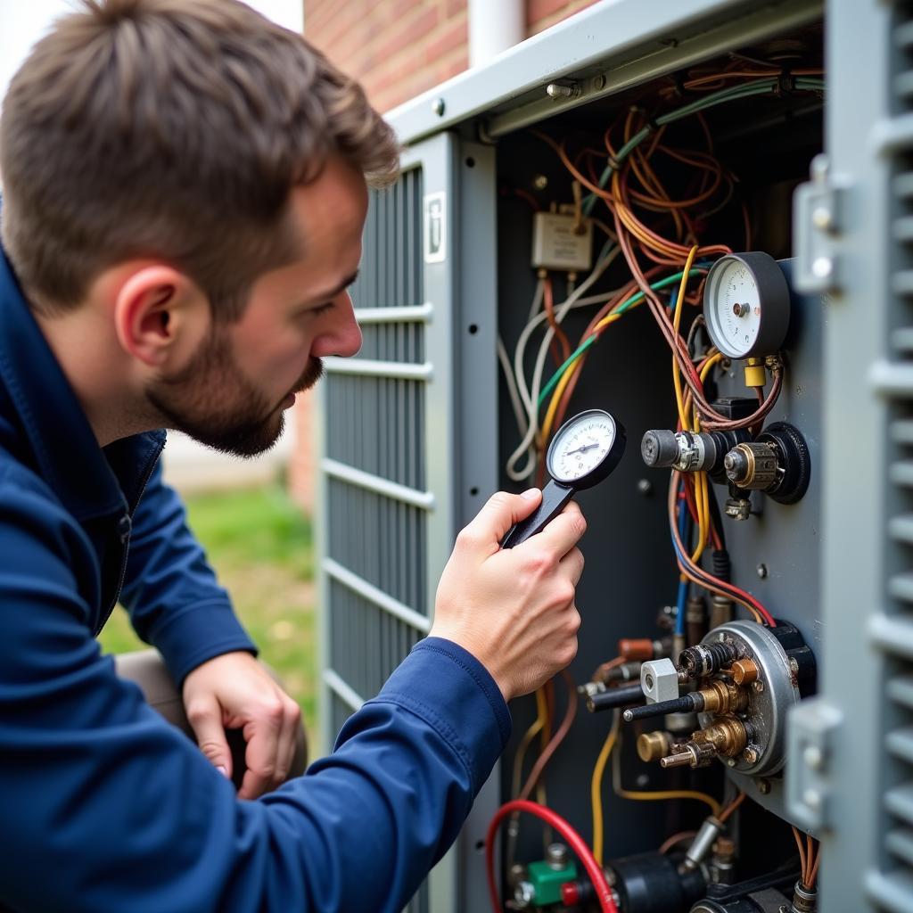 Skilled HVAC technician diagnosing an air conditioner unit