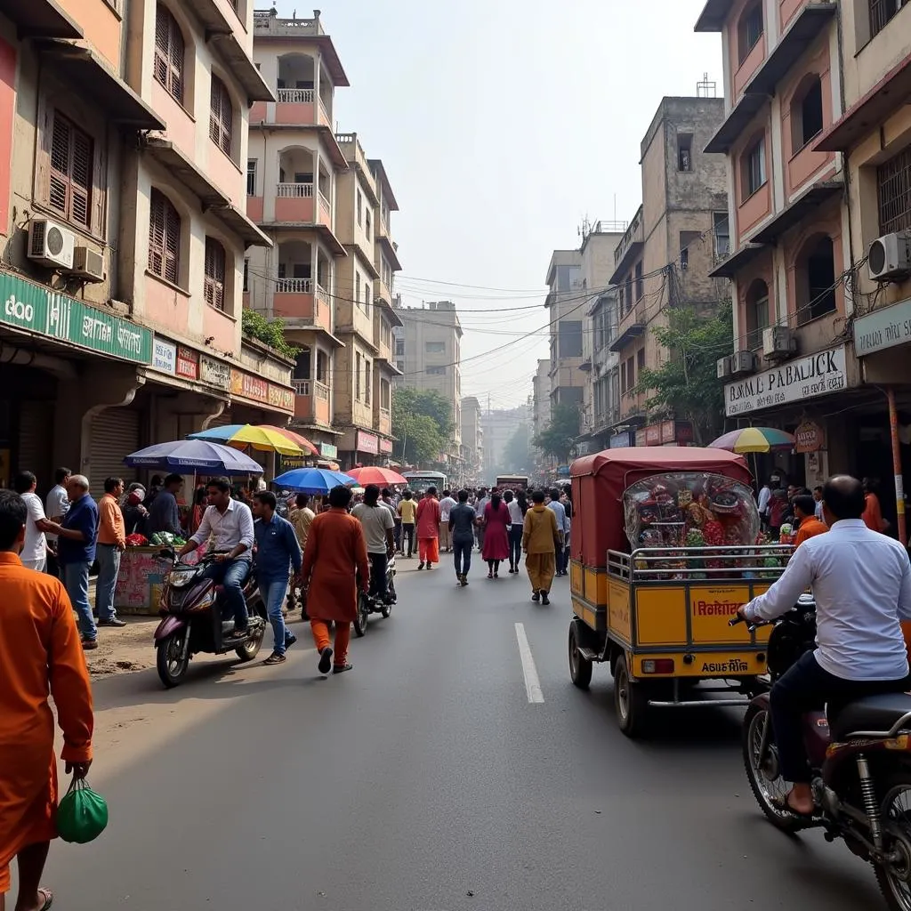 Bustling street scene in India with various activities