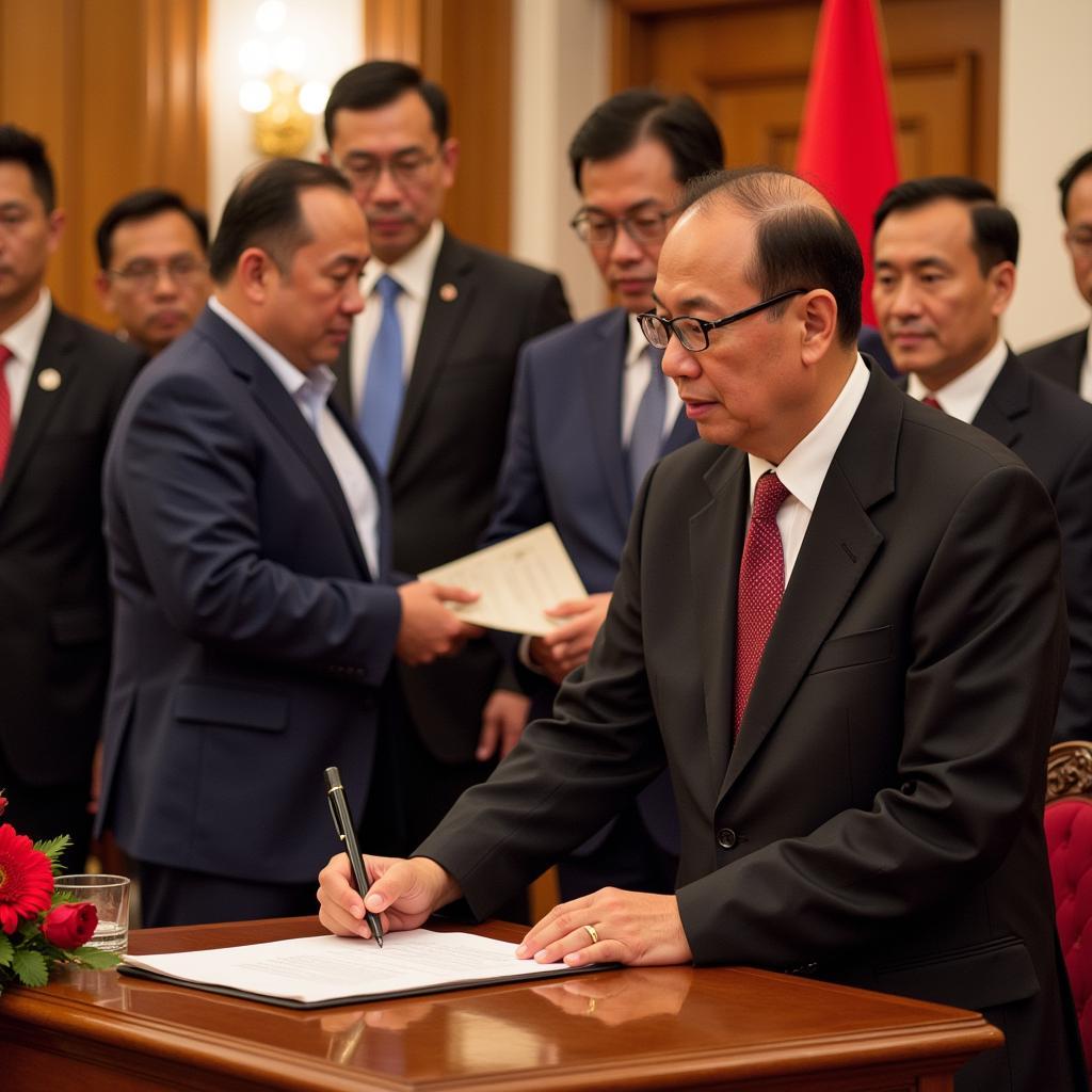 Indonesia's Foreign Minister Adam Malik signing the ASEAN Declaration