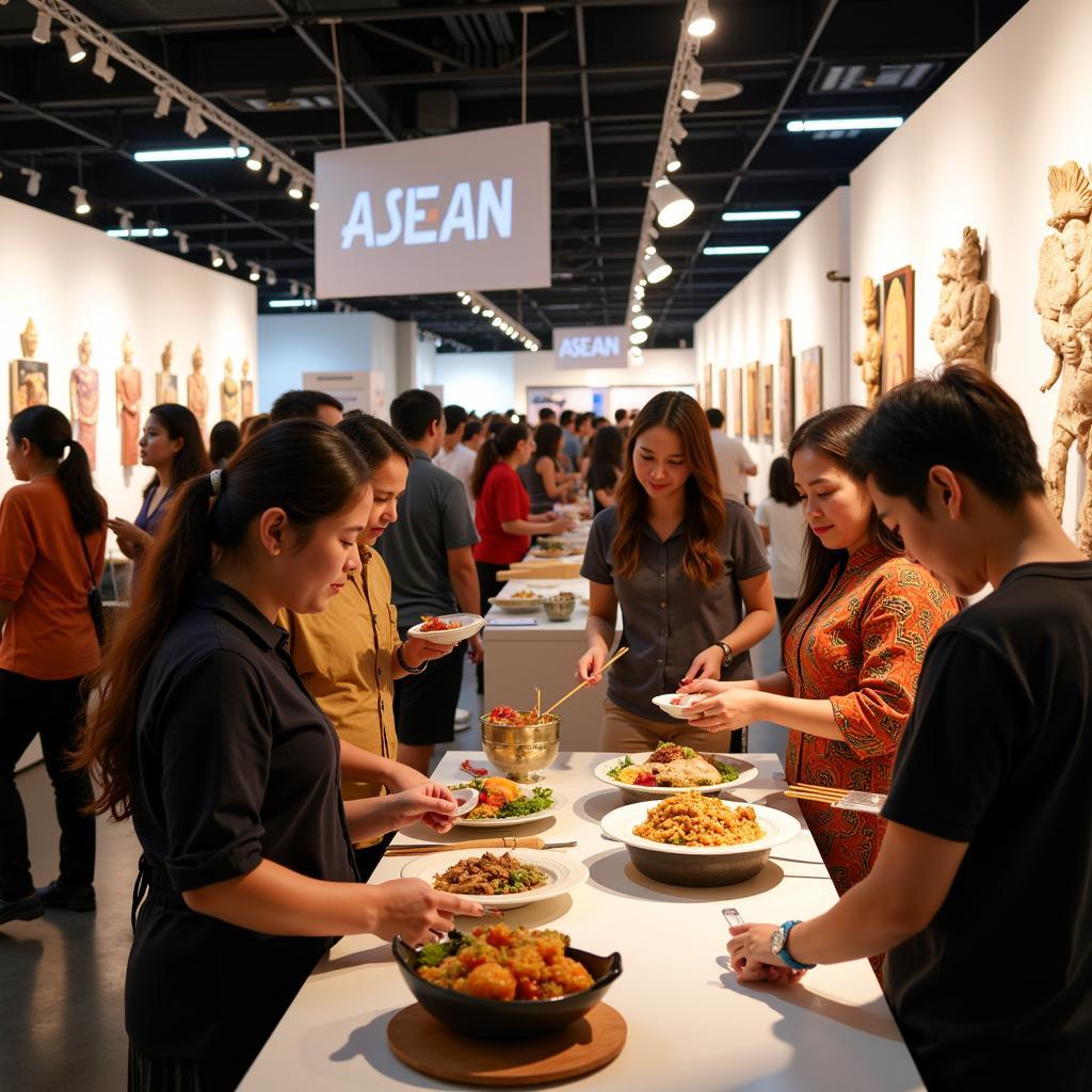 Visitors engage with an interactive exhibition on ASEAN culture in Brazil, featuring traditional music, dance performances, and culinary demonstrations.