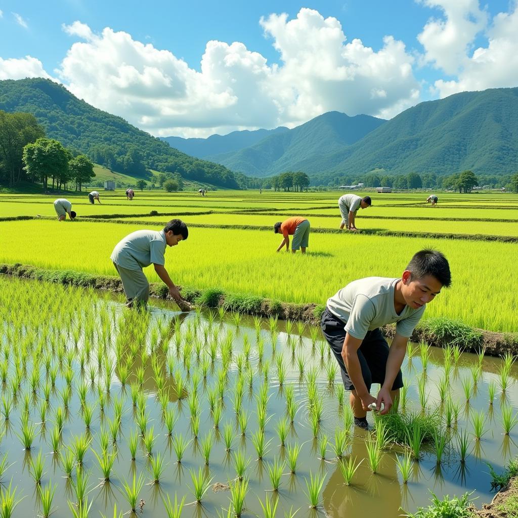 Japanese Farmers Working in a Rice Field