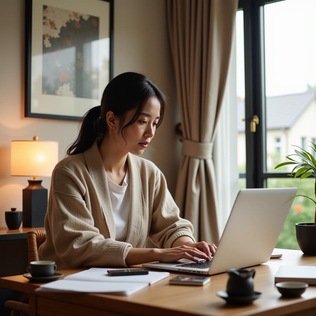 A woman working remotely on her laptop with a traditional Japanese tea set in the background