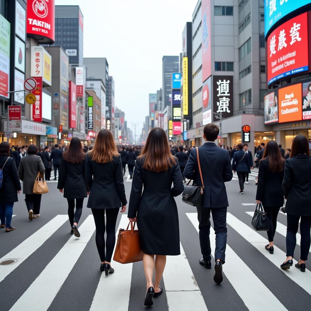 Women in business attire commuting during rush hour in Tokyo