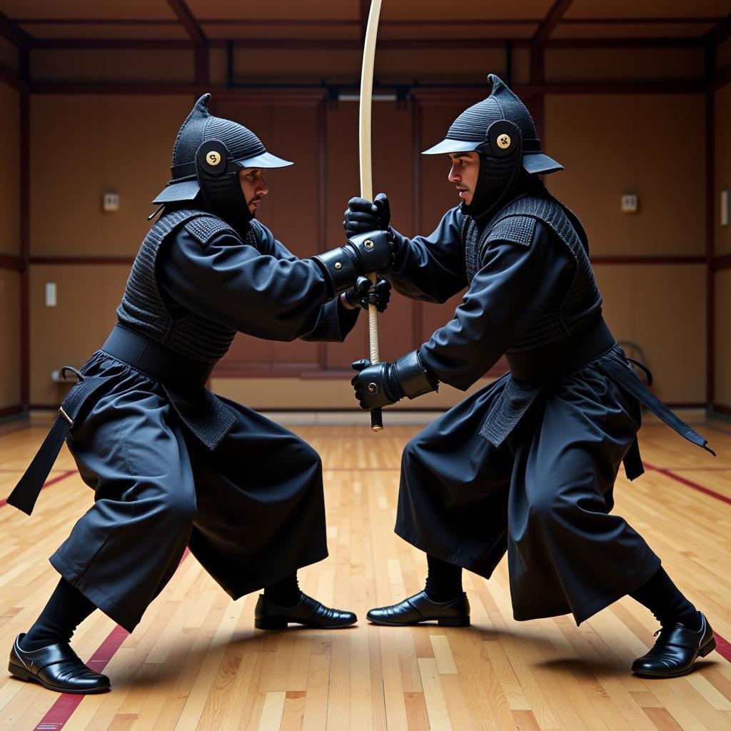 Two kendo practitioners engaged in a fierce match, their wooden swords clashing