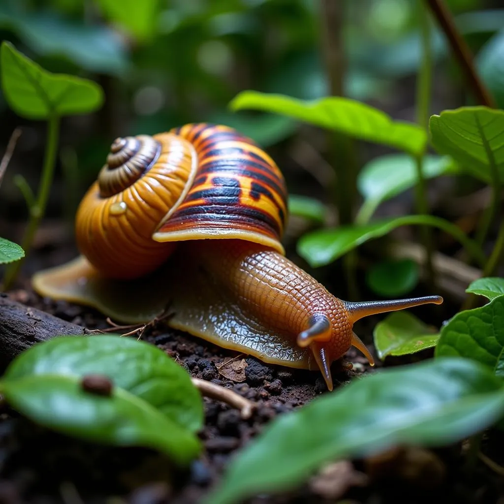 Land snail with intricate shell in a tropical forest