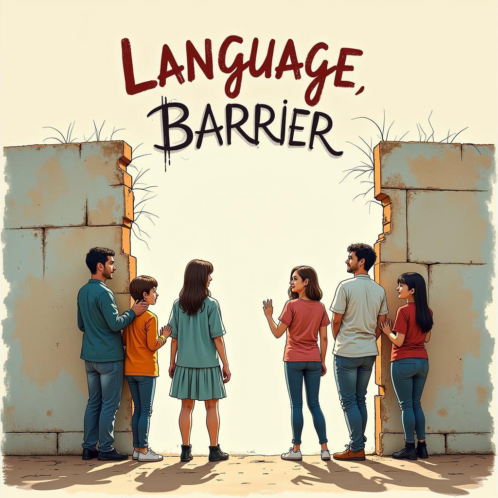 People communicating through a broken wall labeled "Language Barrier"