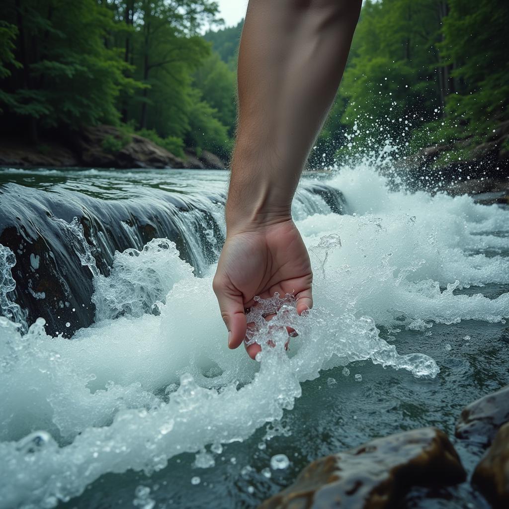 The limitations of force illustrated by a hand trying to stop a flowing river