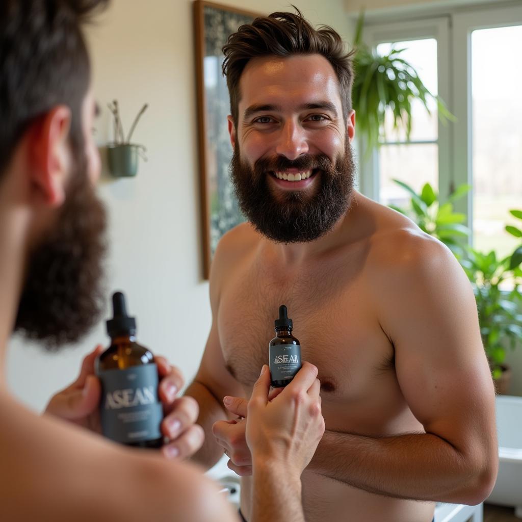 A man smiling while applying Asean Organics beard oil to his beard in a bathroom with natural light