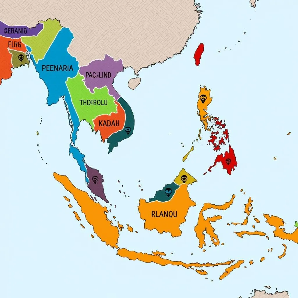 A map of Southeast Asia with markers indicating countries where individuals resembling Keanu Reeves have been identified