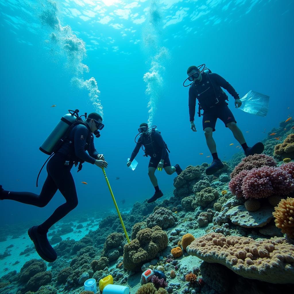 Divers and volunteers working together to clean up coral reefs and remove plastic waste in Southeast Asia