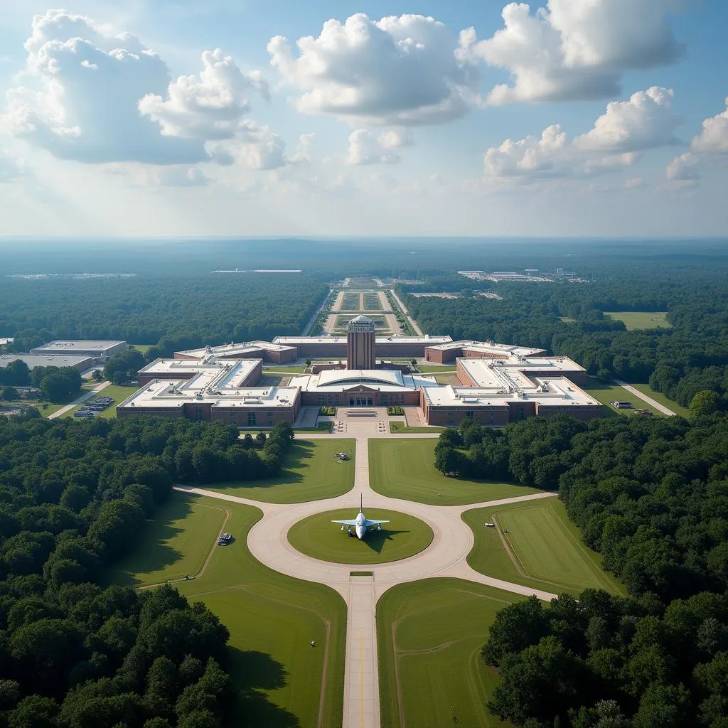  An expansive aerial perspective of Maxwell Air Force Base showcasing its sprawling campus and significant landmarks