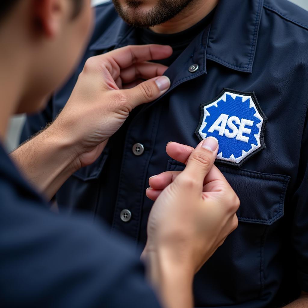 Mechanic Applying ASE Patch to Uniform