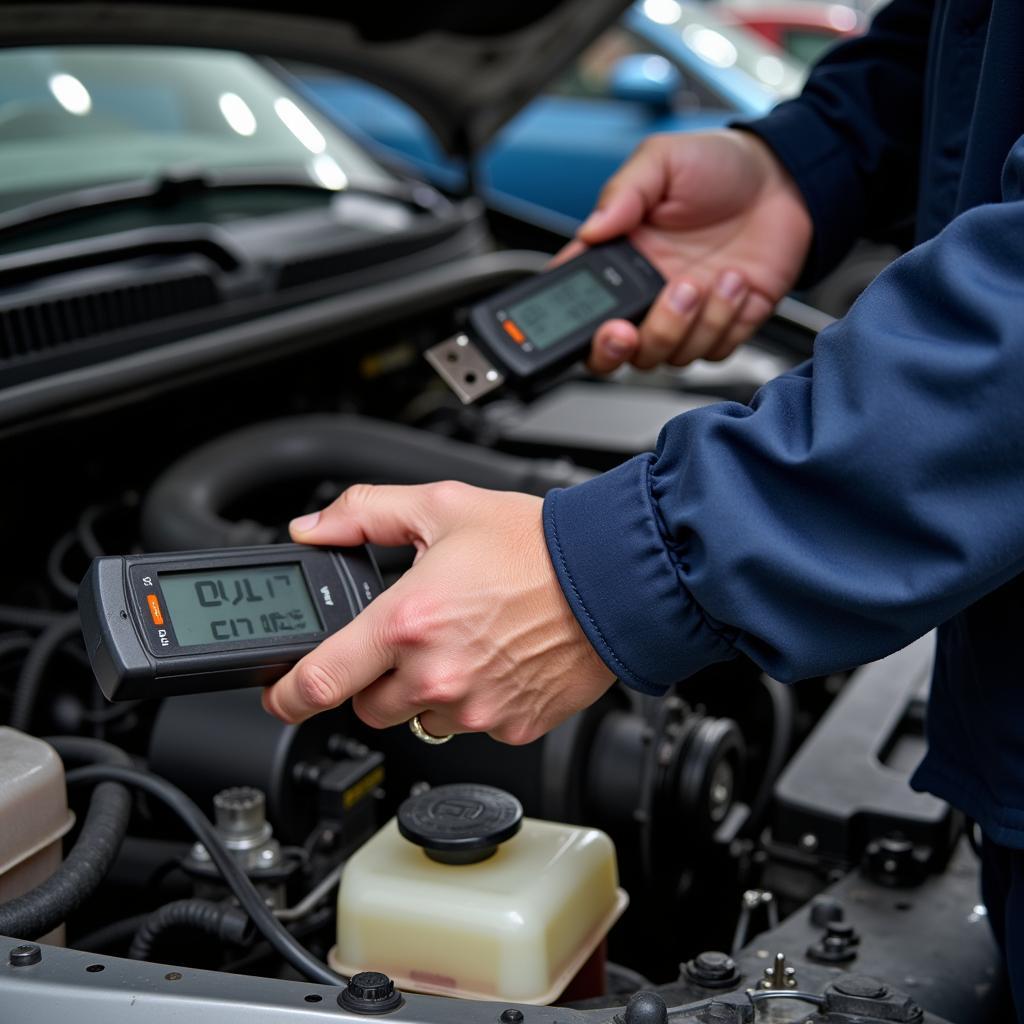 A mechanic inspecting a car engine in a repair shop