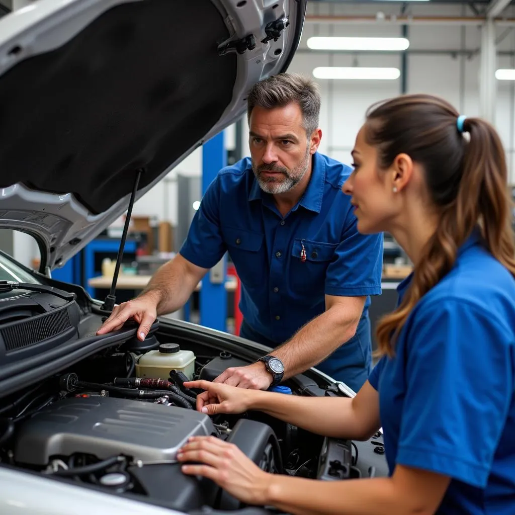 Mechanic Explaining Car AC System to Customer