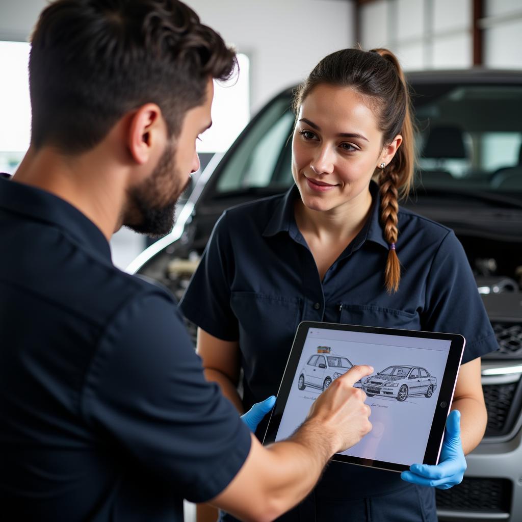 Mechanic discussing car repair with a customer