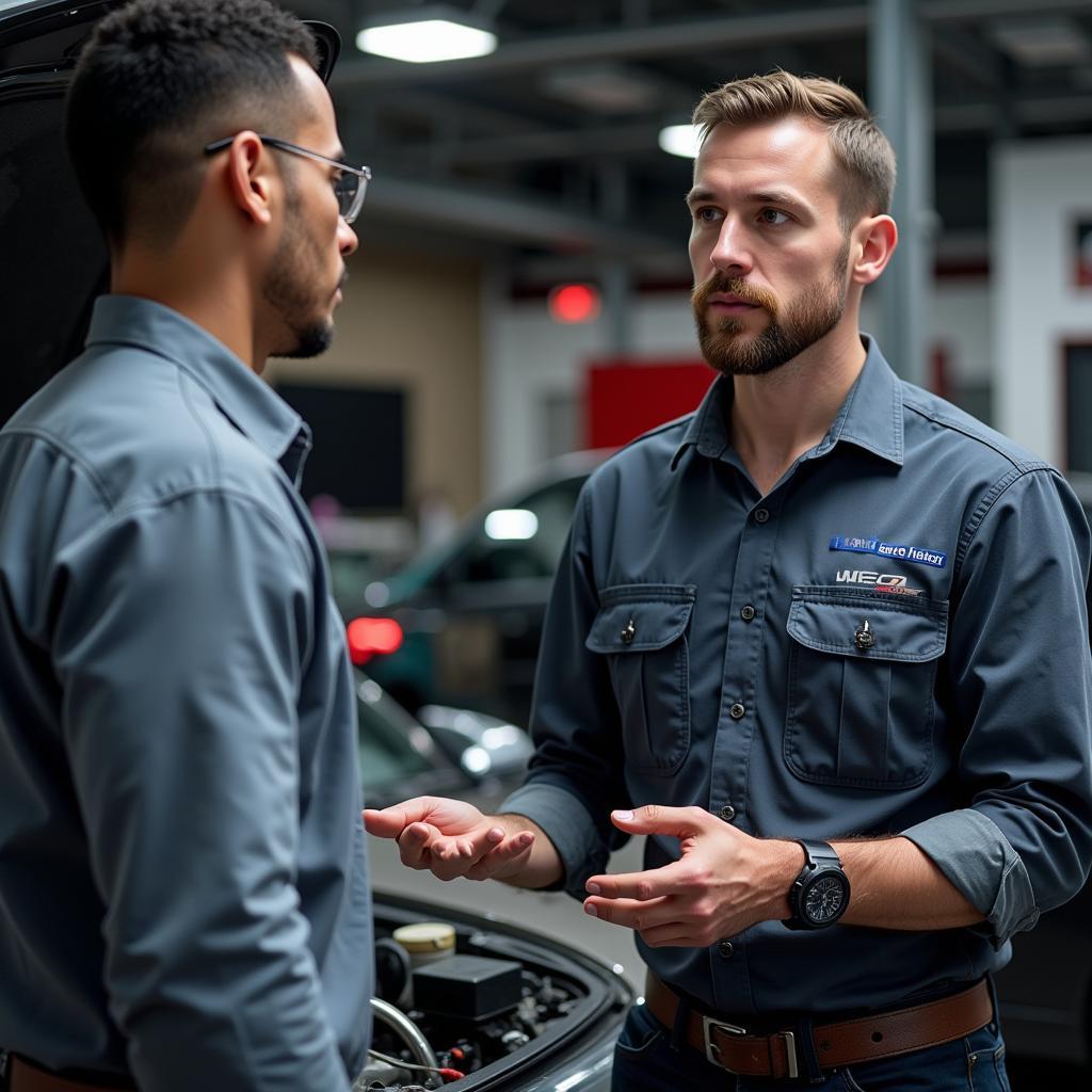 Mechanic Explaining Car Repair to Customer