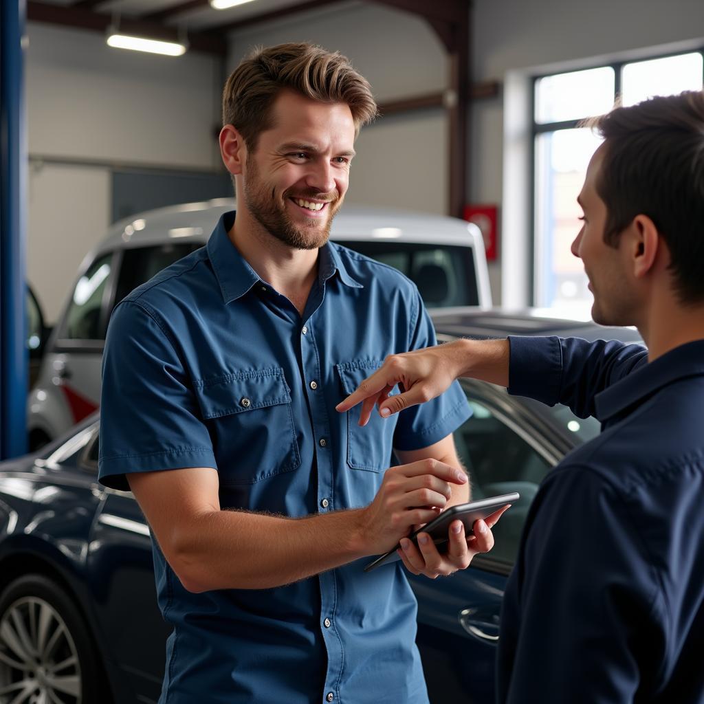 Mechanic discussing car repair with a customer