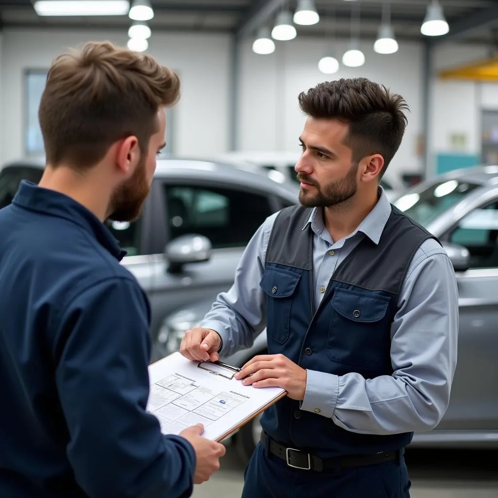 Mechanic Explaining Car Repair to a Customer