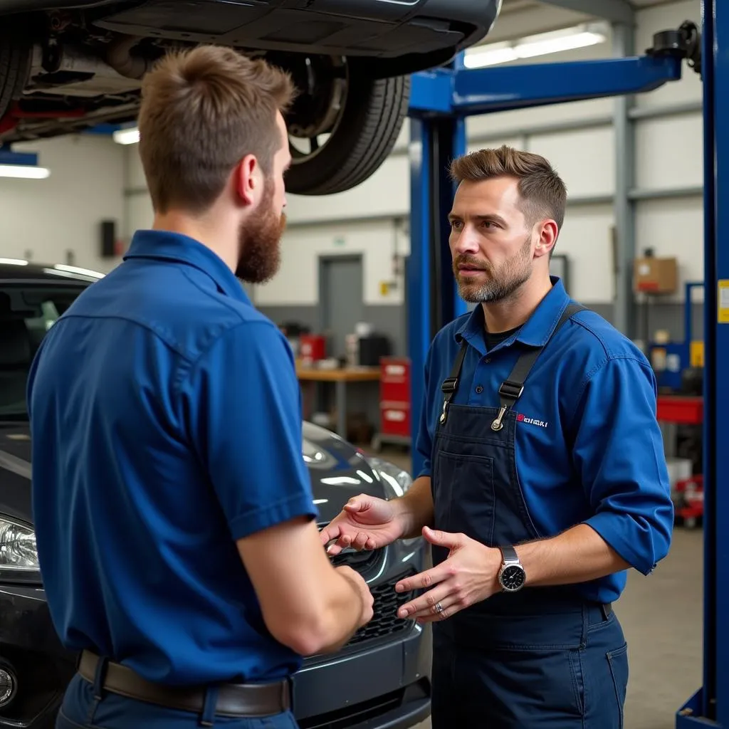 Mechanic explaining car repairs to customer in Tulsa