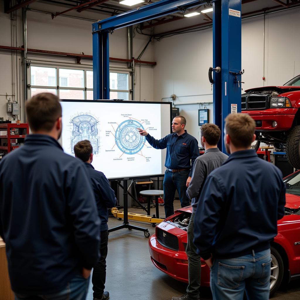 Mechanic explaining engine components