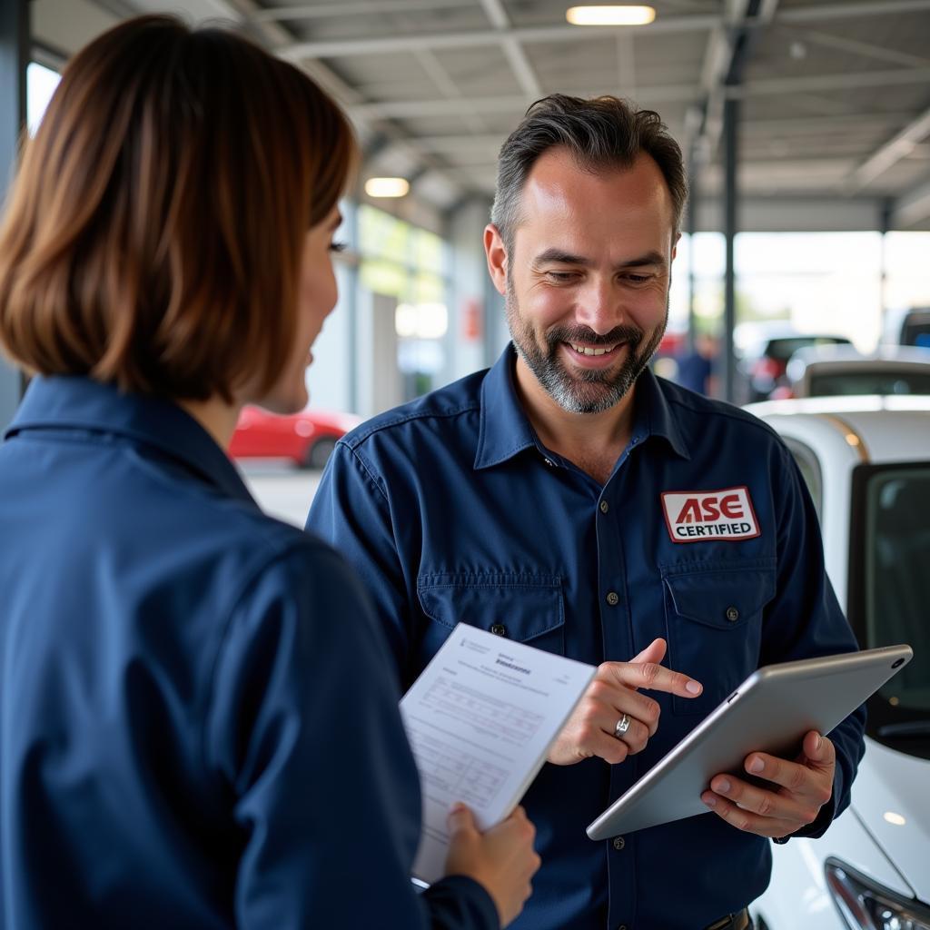 Mechanic Discussing Inspection Results with Car Owner