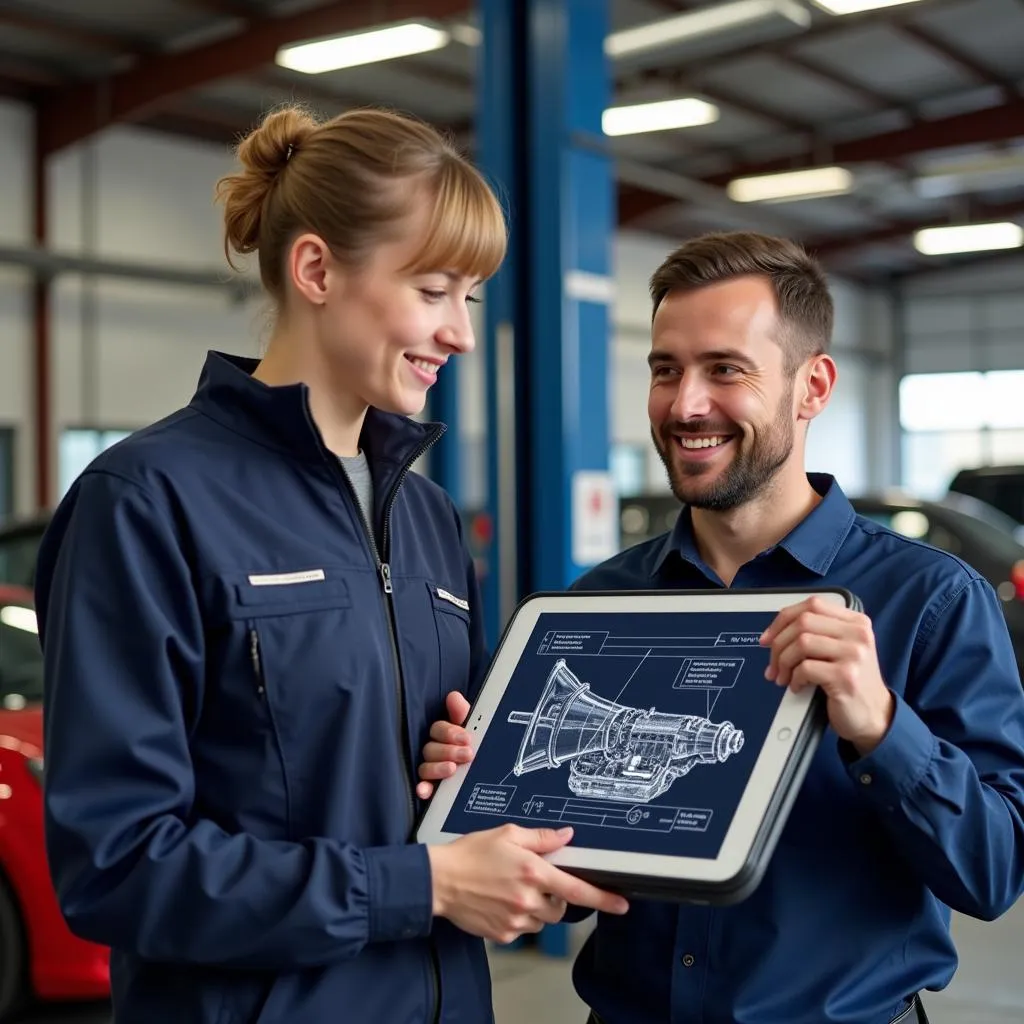 Mechanic Explaining Transmission Repair Using Digital Tablet 