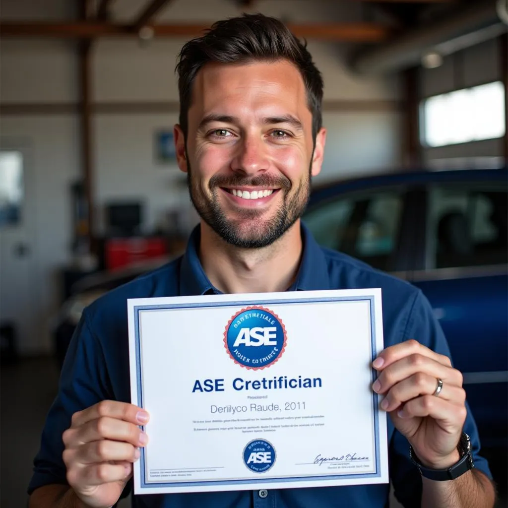 Mechanic Holding ASE Certificate