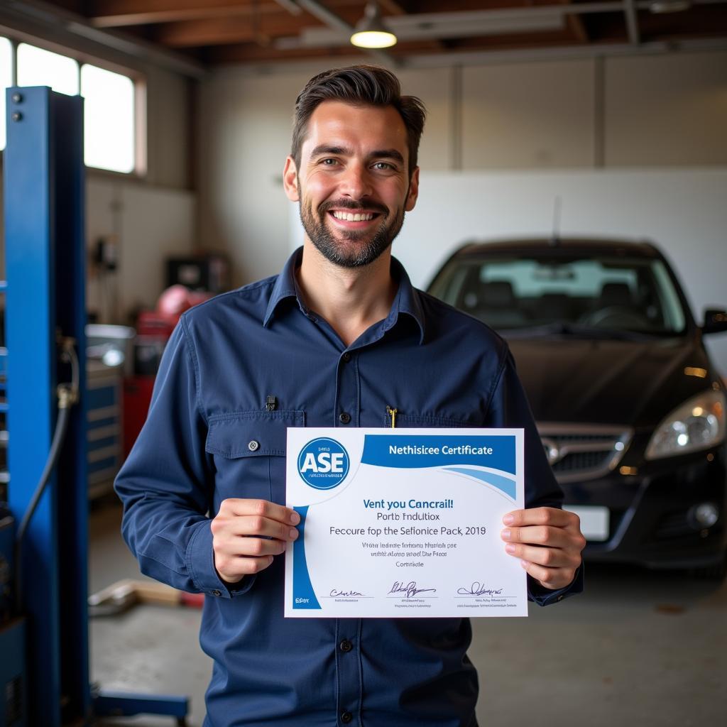 Mechanic proudly displaying their ASE certificate