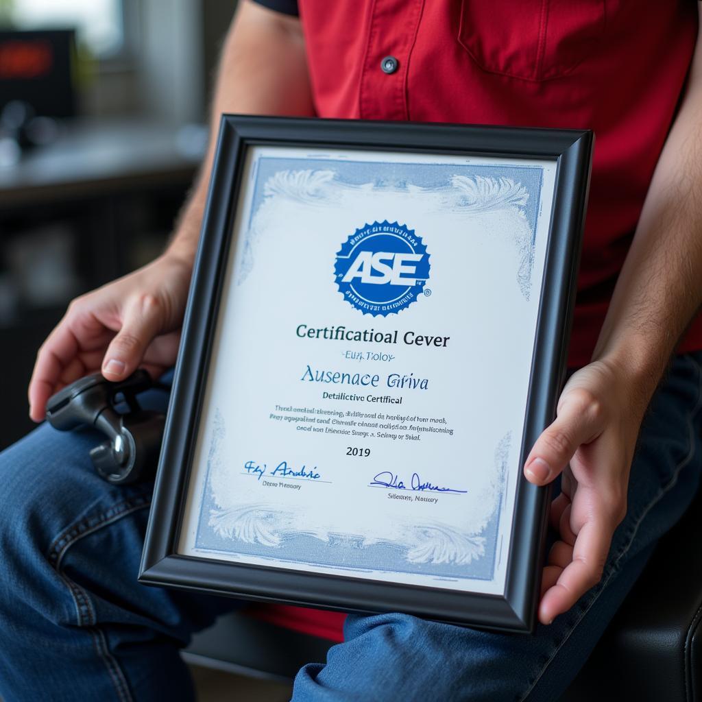 Mechanic Proudly Displaying ASE Certificate