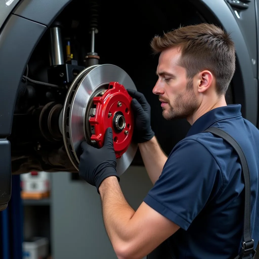 Mechanic Inspecting Car Brakes