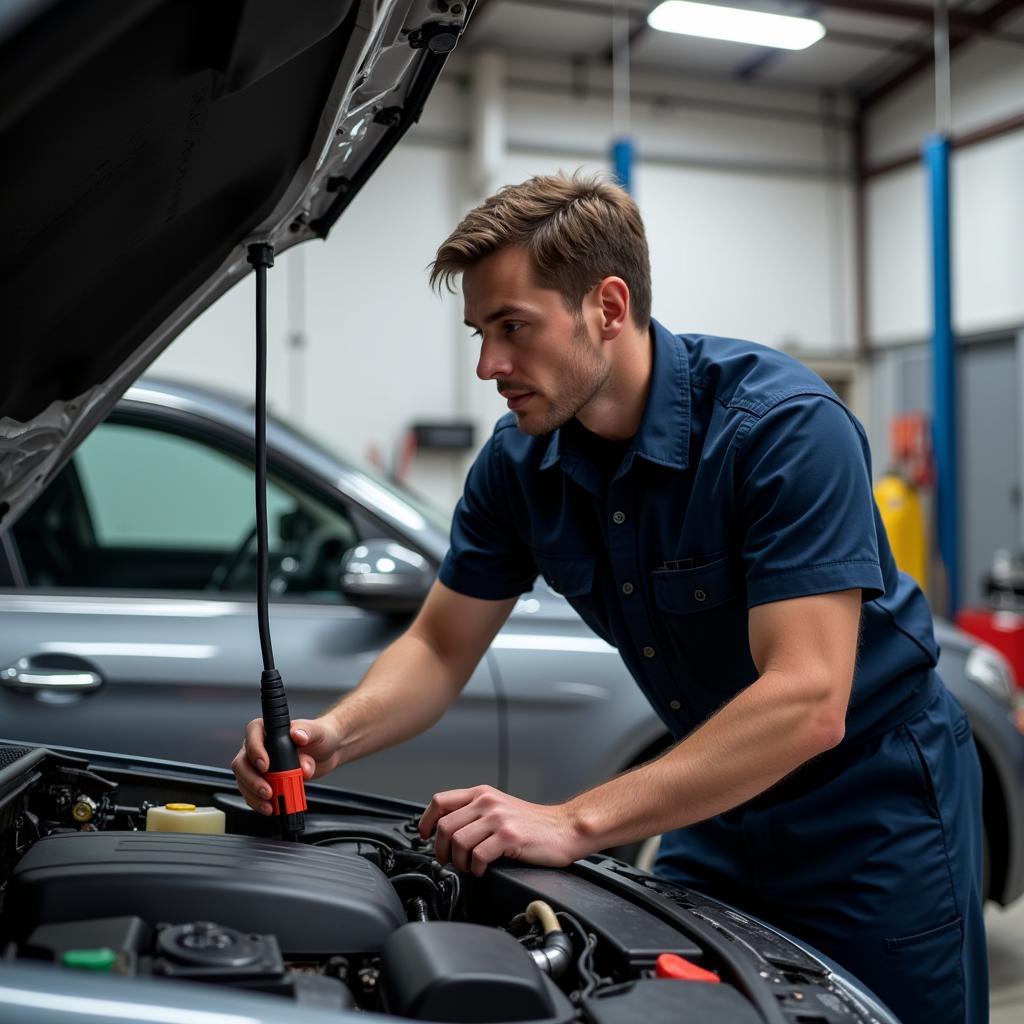 Mechanic inspecting a car engine in a garage