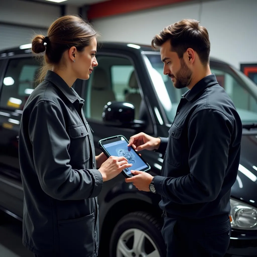 Mechanic Showing Car Part Image on Tablet to Customer