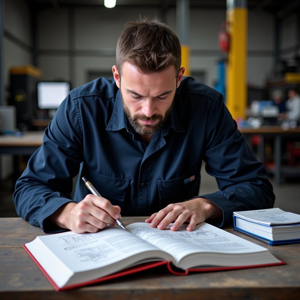 Mechanic Studying ASE Certification Materials