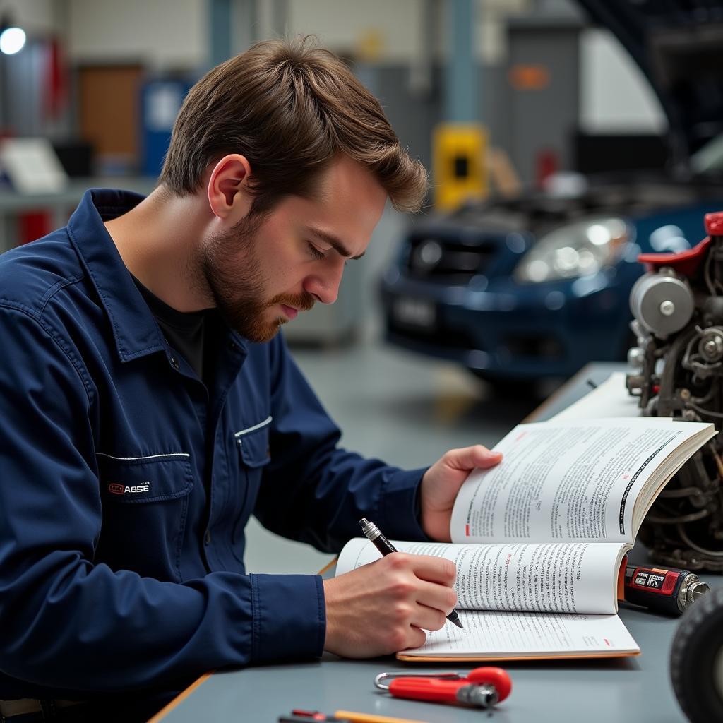 Automotive Technician Preparing for ASE L1 Exam using a 2016 Edition Book